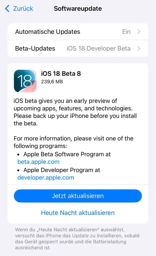 庄浪苹果手机维修分享苹果 iOS / iPadOS 18 开发者预览版 Beta 8 发布 